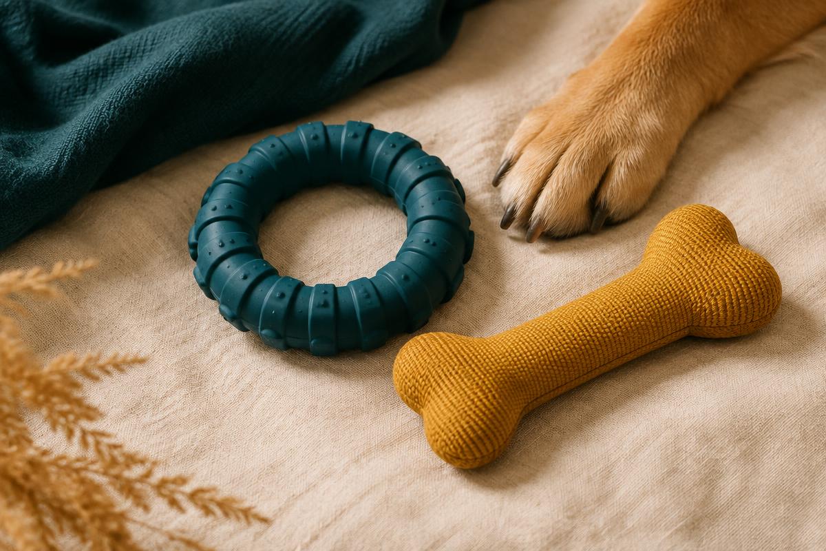 A solid rubber chew ring and a durable bone toy next to a dog's paw