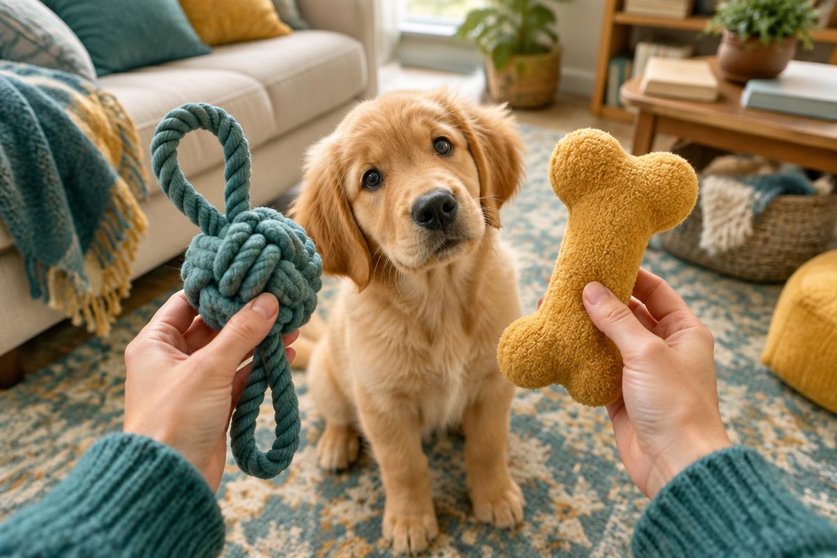 An owner holding a rope toy and a plush bone toy in front of a golden puppy