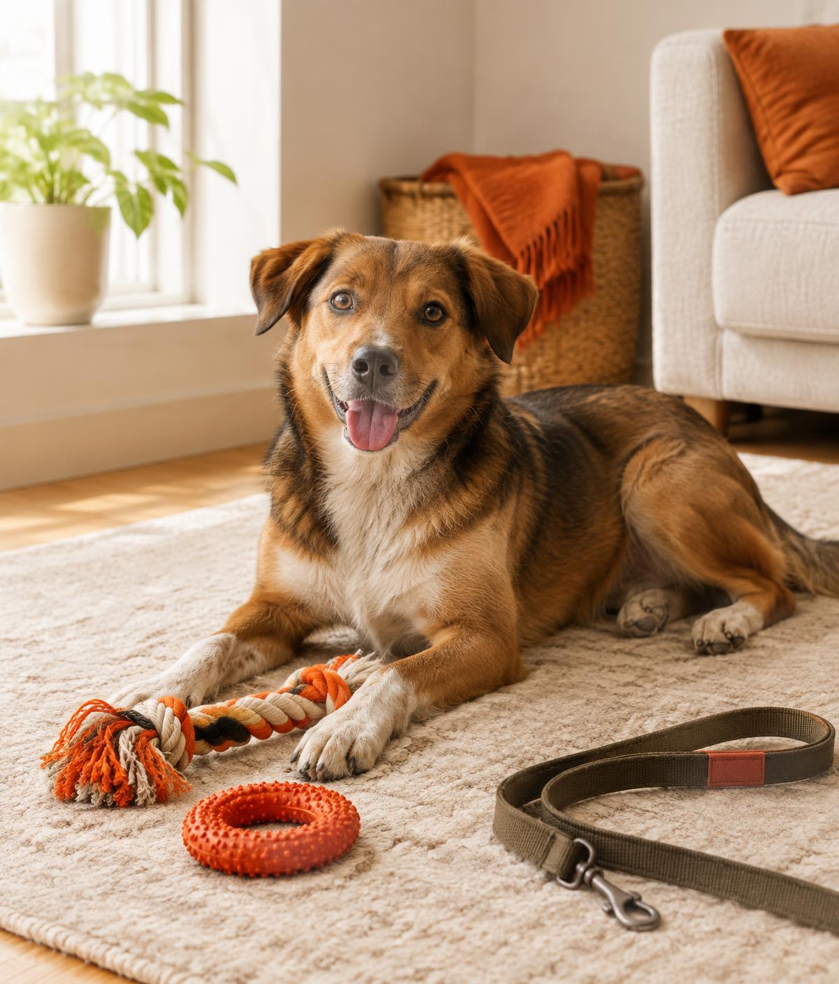 A happy dog lying on a rug next to a rope toy, chew ring, and leash